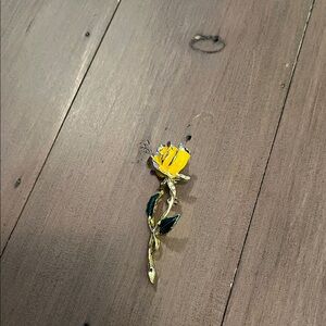 Yellow Rose Brooch with Green Leaves